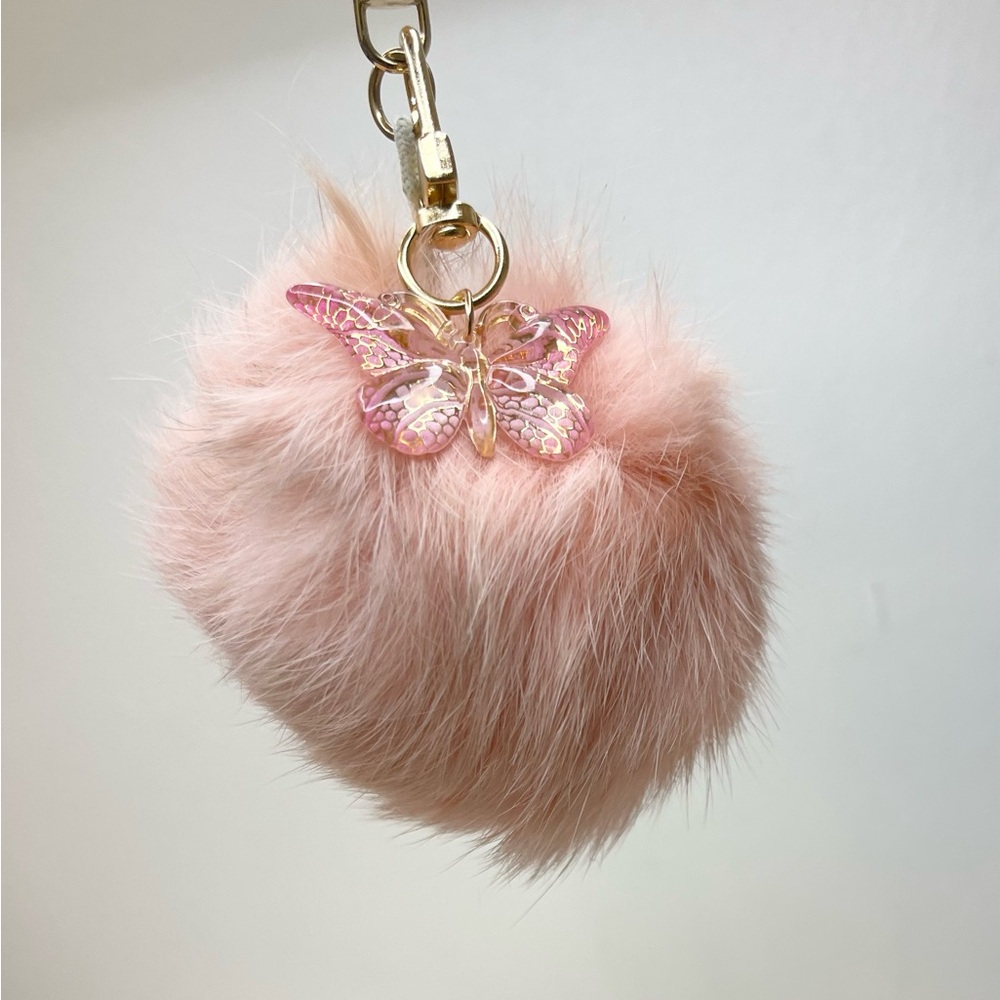 Pink Fur Bag Charm Keychain with Butterfly Charm - Picture 3 of 5